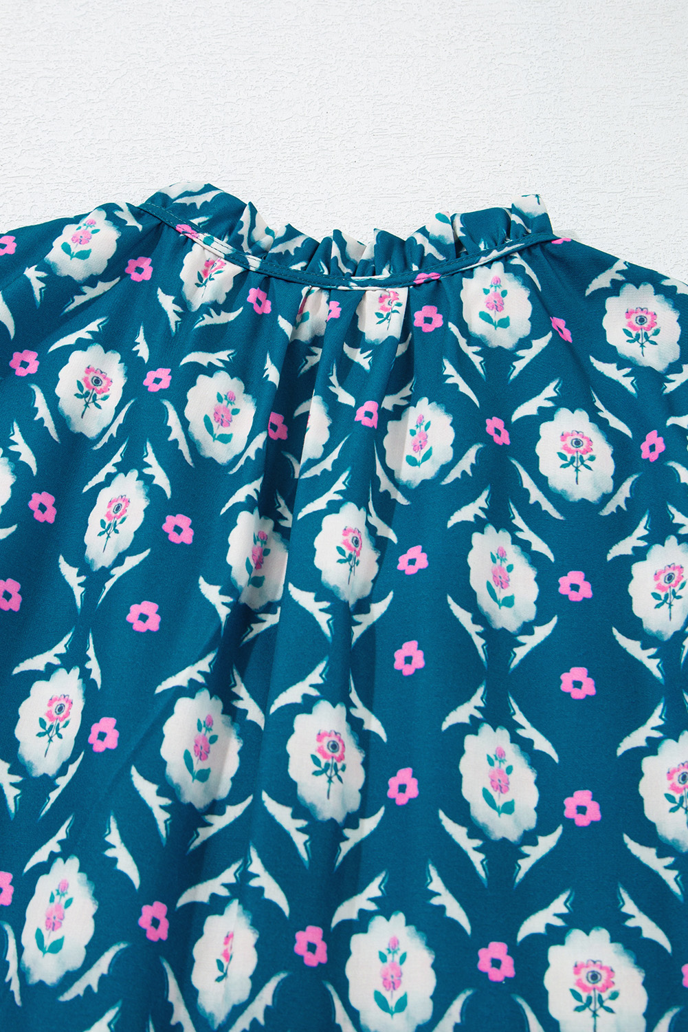 Chic Split Neck A-Line Dress: Playful Ruffle Sleeves and Vintage Floral Design - Detail View 18 Chic Split Neck A-Line Dress: Playful Ruffle Sleeves and Vintage Floral Design - Detail View 18