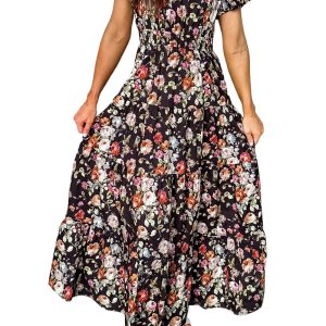 Women's Floral V-Neck Maxi Dress – Black Tiered Short Sleeve Shift Dress for Summer Vacation - Main View