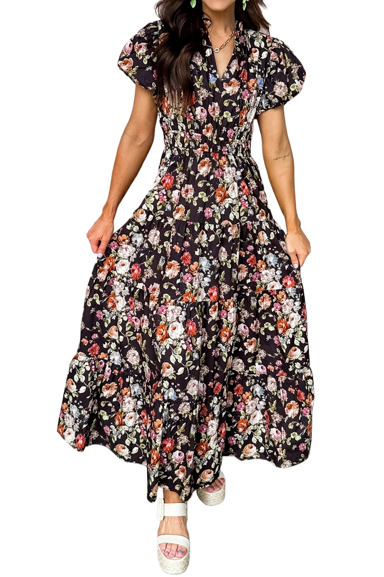 Women's Floral V-Neck Maxi Dress – Black Tiered Short Sleeve Shift Dress for Summer Vacation - Main View Women's Floral V-Neck Maxi Dress – Black Tiered Short Sleeve Shift Dress for Summer Vacation - Main View