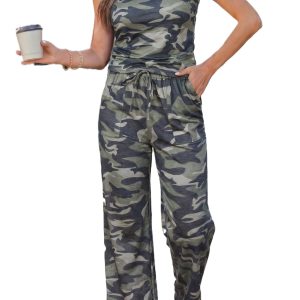 Women's Camouflage Print Two Piece Set – Sleeveless Tank and High Waist Drawstring Pants - Main View