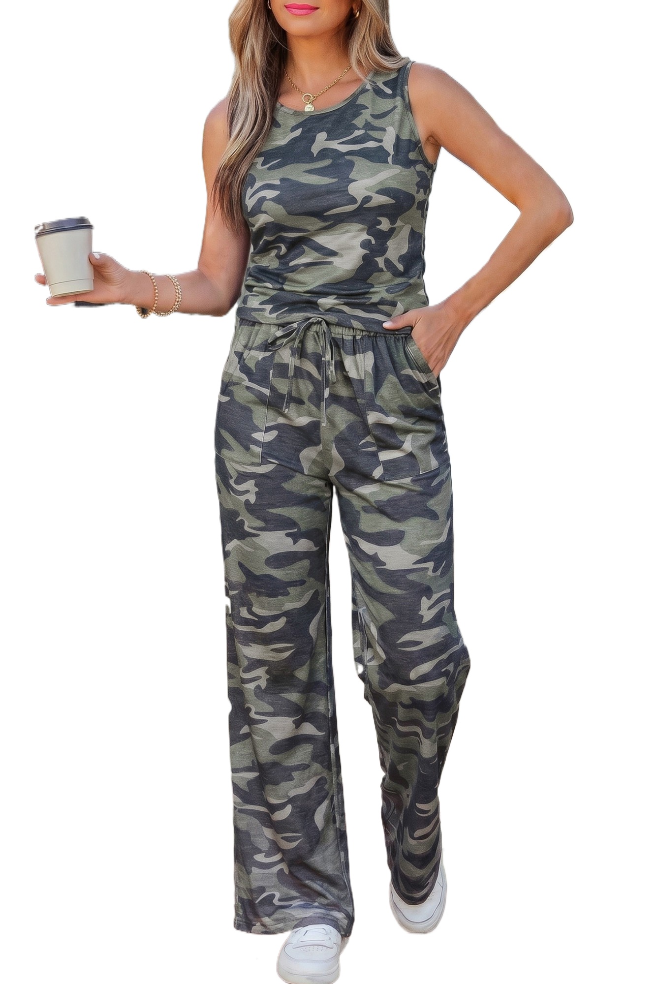 Women's Camouflage Print Two Piece Set – Sleeveless Tank and High Waist Drawstring Pants - Main View Women's Camouflage Print Two Piece Set – Sleeveless Tank and High Waist Drawstring Pants - Main View
