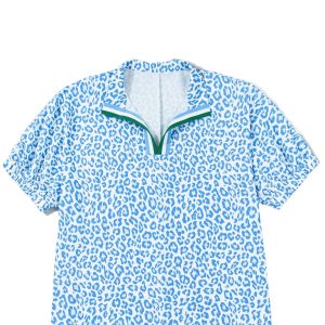 Women's Sky Blue Leopard Blouse – V-Neck Half Sleeve Casual Top, Western Style Shift Shirt - Main View