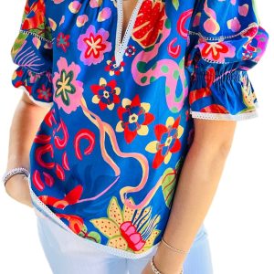 Women's Blue Abstract Print Frilled Collar Ruffled Puff Short Sleeve Top - Main View