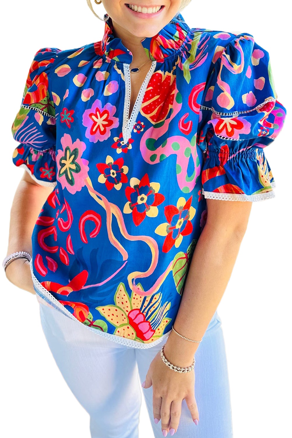 Women's Blue Abstract Print Frilled Collar Ruffled Puff Short Sleeve Top - Main View Women's Blue Abstract Print Frilled Collar Ruffled Puff Short Sleeve Top - Main View