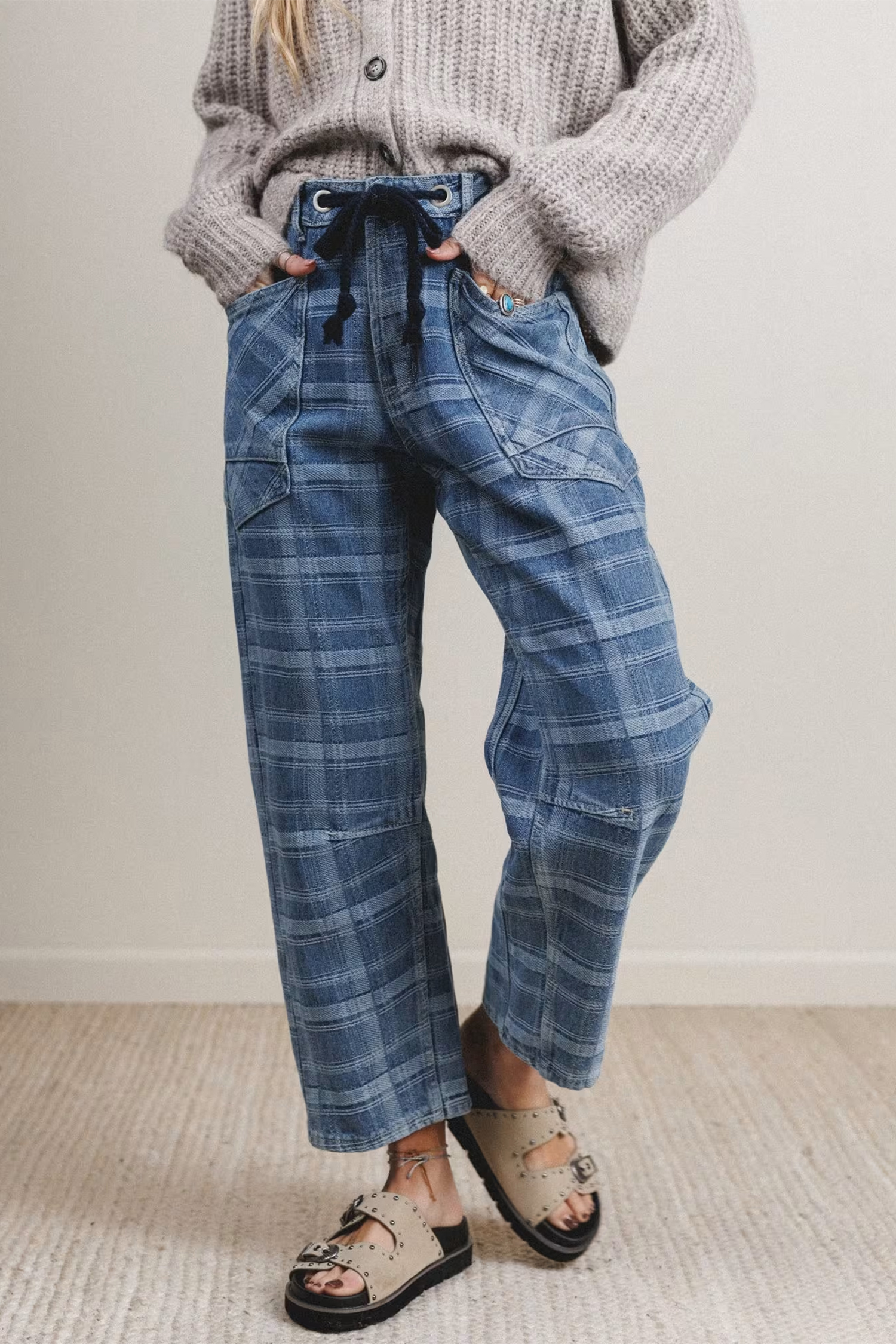 Women's Plaid Ankle Length Jeans, Blue Grommet Waist - Detail View 5 Women's Plaid Ankle Length Jeans, Blue Grommet Waist - Detail View 5