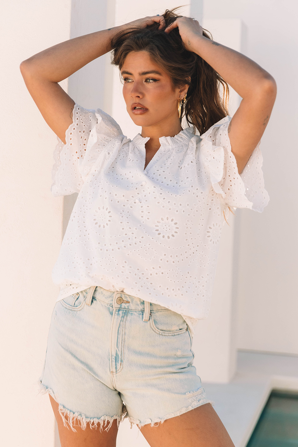 Women's Blouse, White Blouse, Broderie Anglaise, Ruffle Sleeve, V Neck, Summer Fashion, Casual Wear, 100% Cotton, Loose Fit, Elegant Design, Versatile Top, Daily Wear, Tops & Shirts - Detail View 4 Women's Blouse, White Blouse, Broderie Anglaise, Ruffle Sleeve, V Neck, Summer Fashion, Casual Wear, 100% Cotton, Loose Fit, Elegant Design, Versatile Top, Daily Wear, Tops & Shirts - Detail View 4