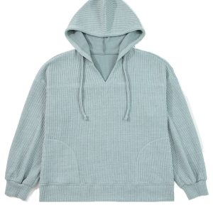 Clearly Aqua Ribbed Drop Shoulder Knit Hoodie for Women - Main View