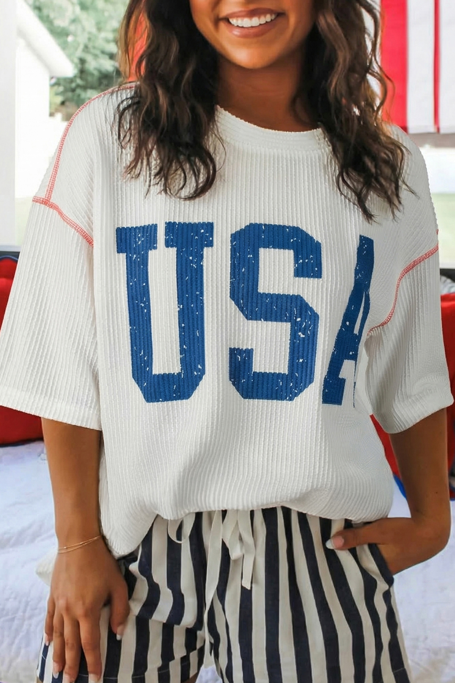 Casual White USA Letter Print Tee for Women – Loose Fit Round Neck Half Sleeve Summer Top - Detail View 2 Casual White USA Letter Print Tee for Women – Loose Fit Round Neck Half Sleeve Summer Top - Detail View 2