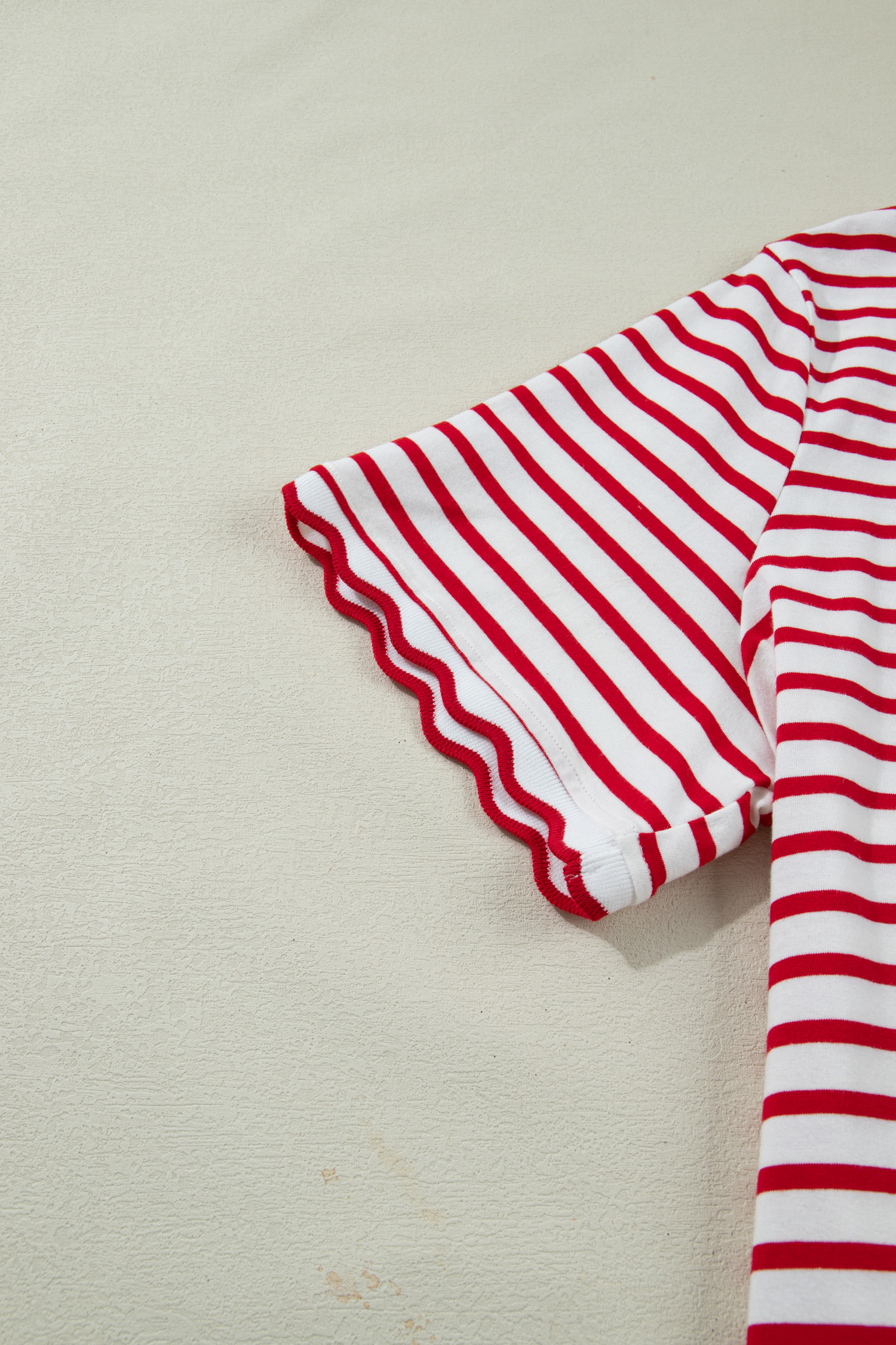 Casual Women's Red Stripe Scalloped Trim Top – Short Sleeve Round Neck Design for Summer Outings - Detail View 8 Casual Women's Red Stripe Scalloped Trim Top – Short Sleeve Round Neck Design for Summer Outings - Detail View 8