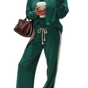 Women's Sea Green Pullover Top & Drawstring Pants Set – Casual Fall Outfit with Varsity Stripe Detail - Main View