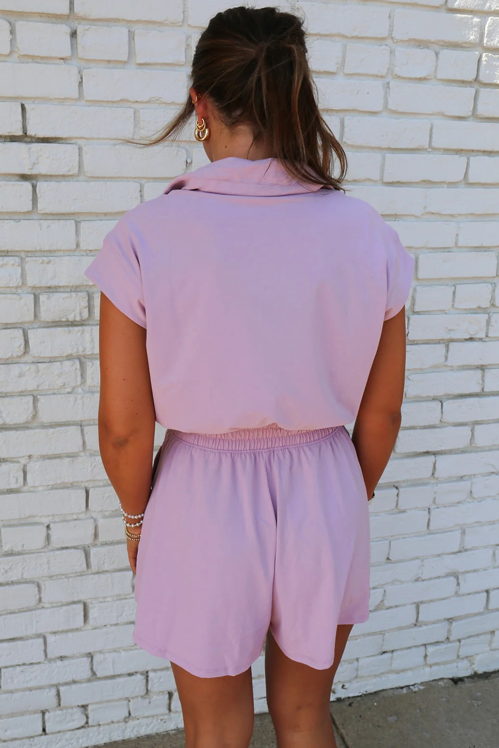 Casual Summer Romper with Zipper Collar and Short Sleeves - Flattering Fit - Detail View 2 Casual Summer Romper with Zipper Collar and Short Sleeves - Flattering Fit - Detail View 2