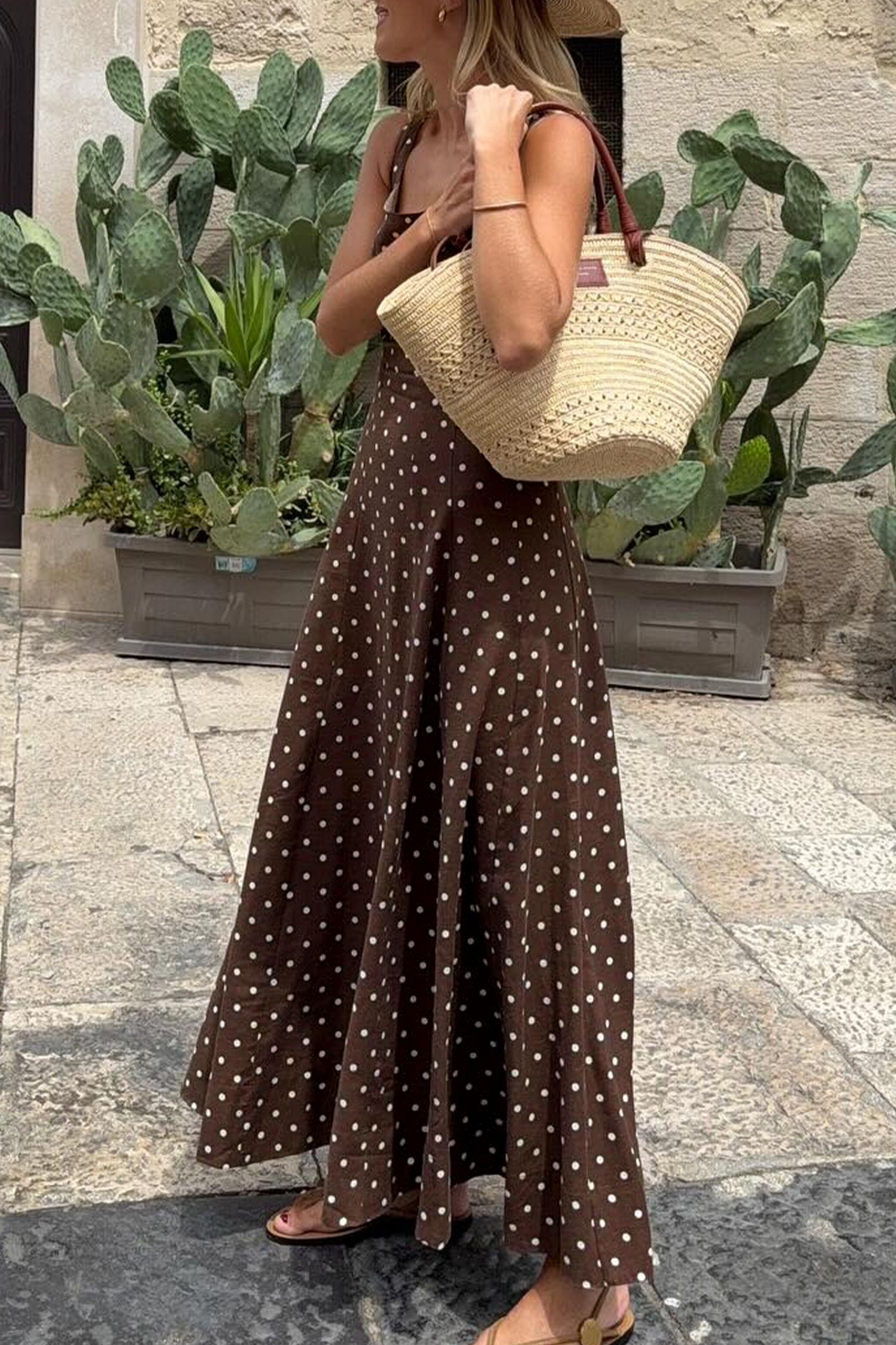Women's Polka Dot Square Neck Maxi Dress – Summer Vacation - Detail View 7 Women's Polka Dot Square Neck Maxi Dress – Summer Vacation - Detail View 7