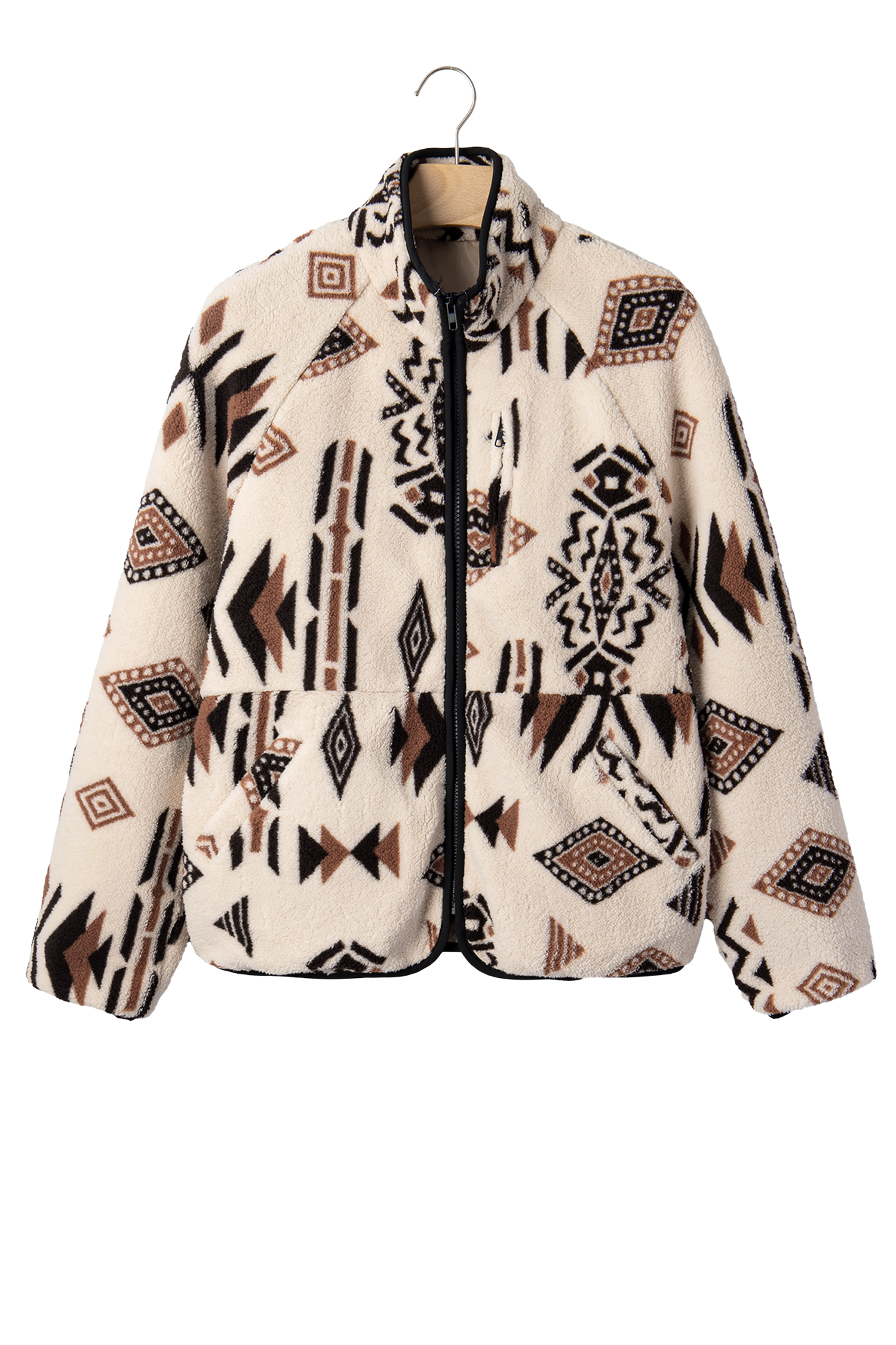 Casual Geometric Sherpa Coat, Women's Warm Winter Outerwear - Detail View 6 Casual Geometric Sherpa Coat, Women's Warm Winter Outerwear - Detail View 6