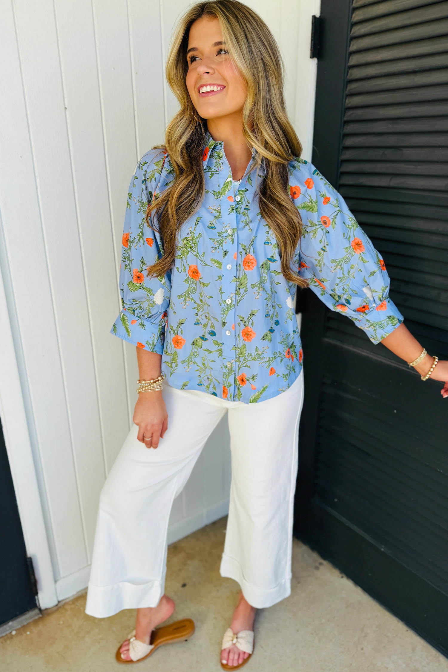 Women's Sky Blue Polyester Shirt, Floral Bracelet Sleeve - Detail View 6 Women's Sky Blue Polyester Shirt, Floral Bracelet Sleeve - Detail View 6