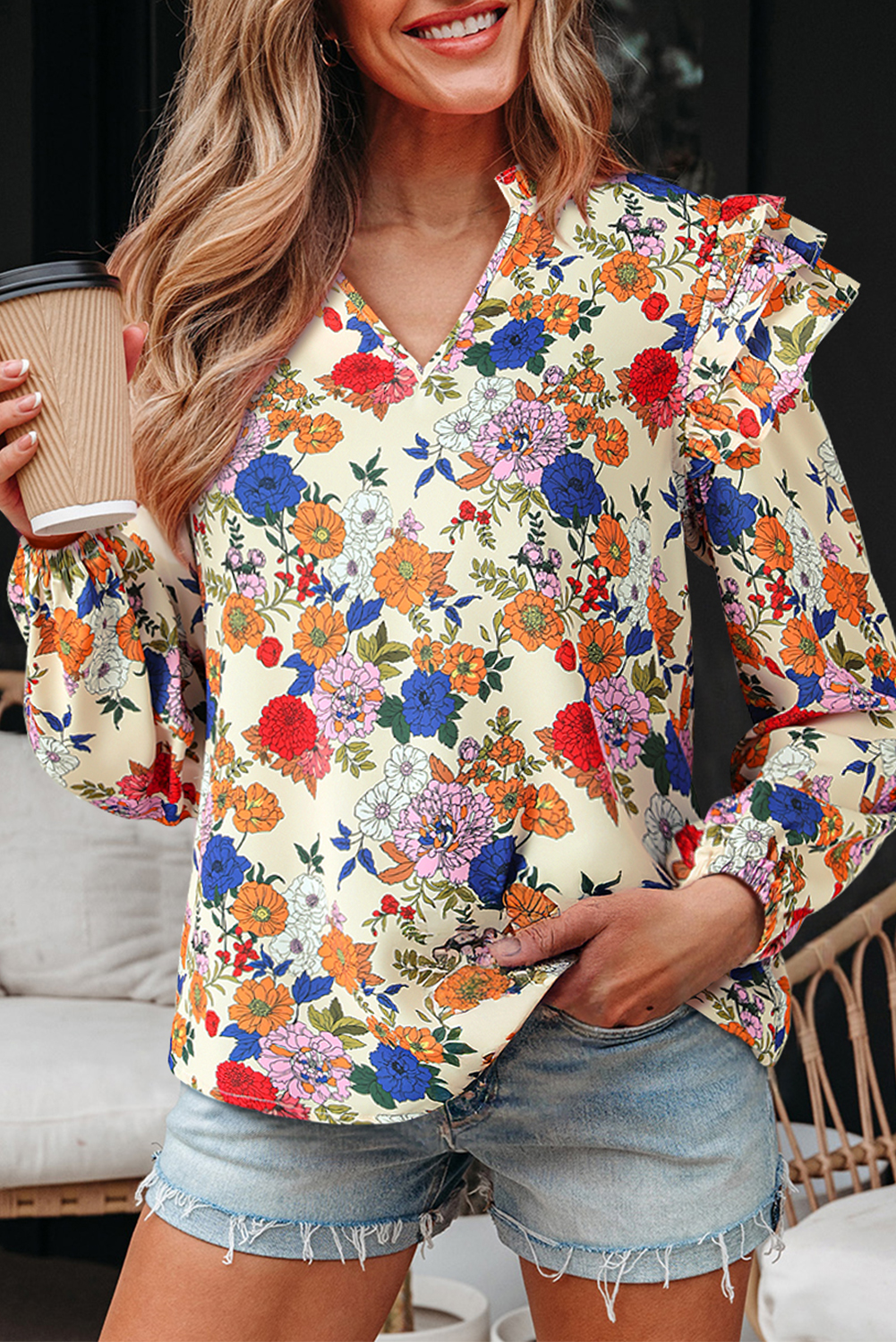 Elegant Long Sleeve Apricot Blouse with Floral Print and Ruffled Shoulders for Daily Wear - Detail View 3 Elegant Long Sleeve Apricot Blouse with Floral Print and Ruffled Shoulders for Daily Wear - Detail View 3