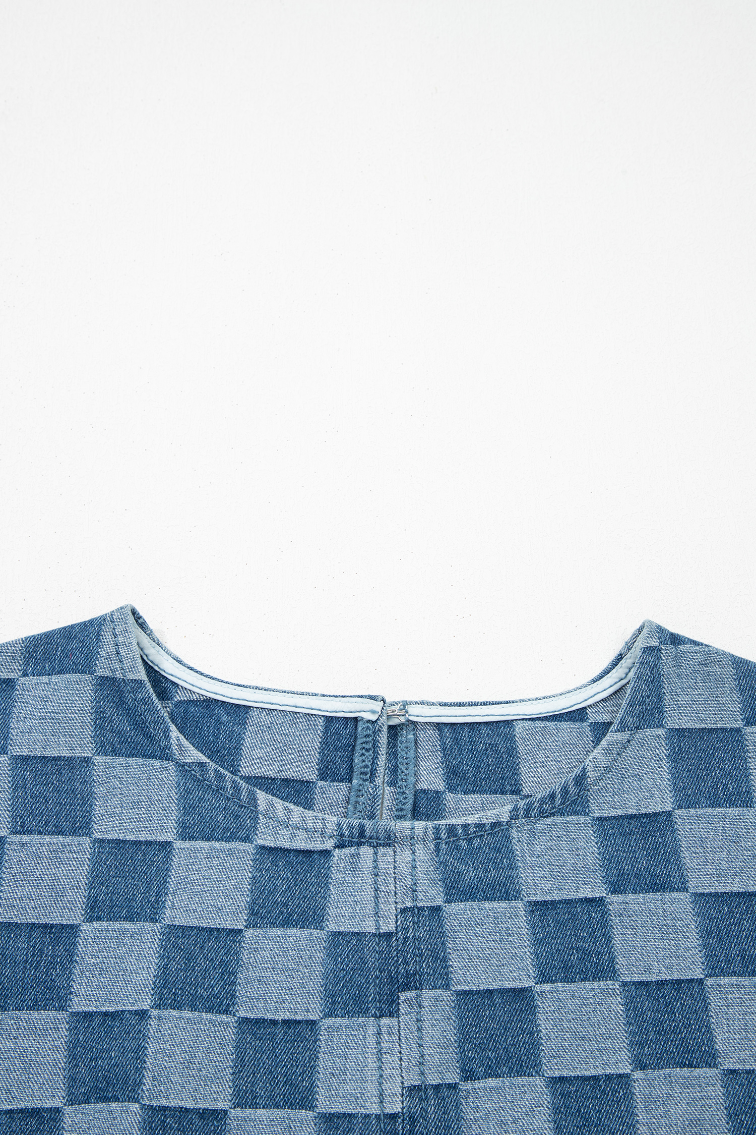 Sky Blue Checkered Denim Mini Dress for Women – Casual Summer Style for Daily Wear - Detail View 7 Sky Blue Checkered Denim Mini Dress for Women – Casual Summer Style for Daily Wear - Detail View 7