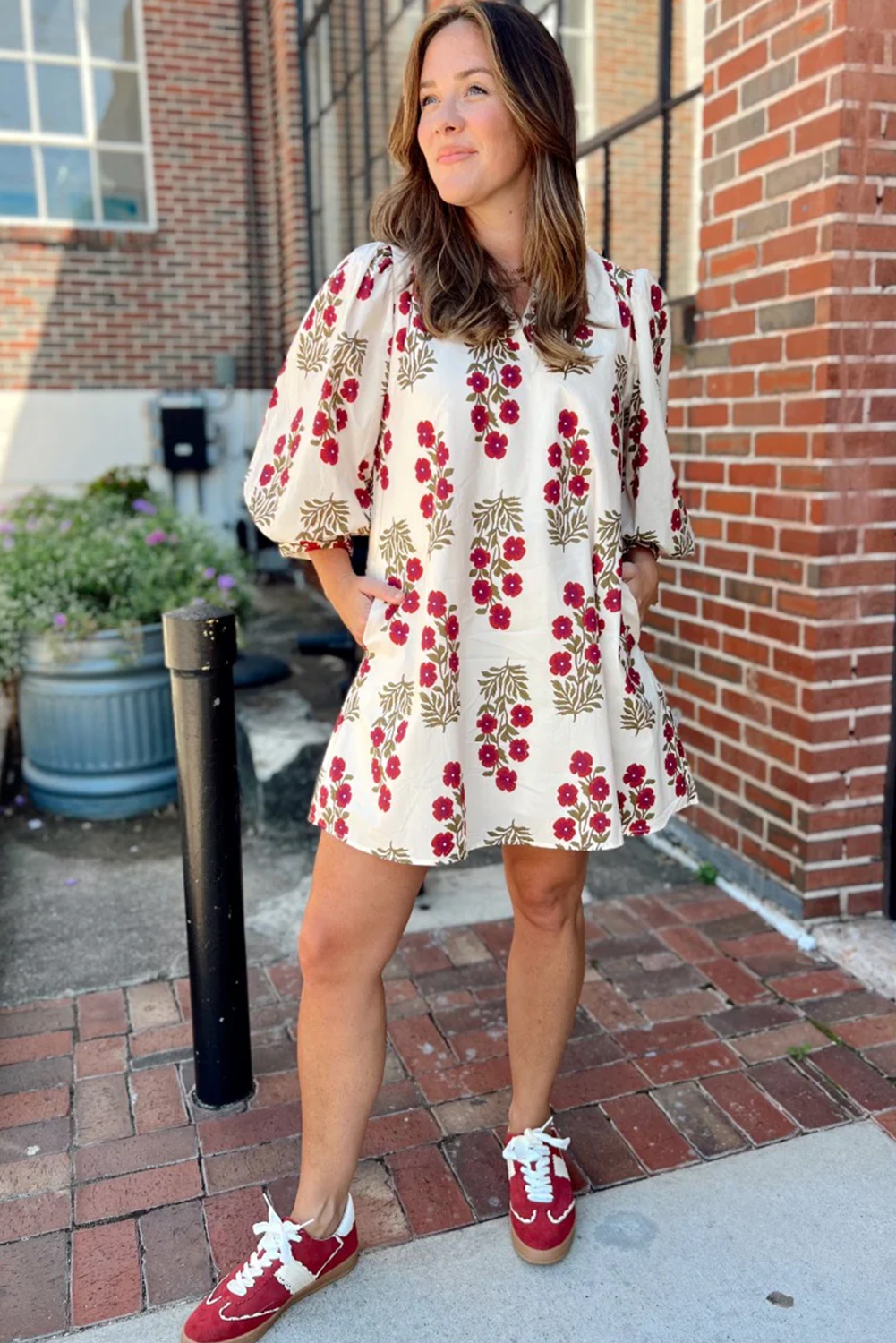 Women's White Floral Print V Neck Mini Dress – Casual 3/4 Sleeve Dress for Spring Outings - Detail View 7 Women's White Floral Print V Neck Mini Dress – Casual 3/4 Sleeve Dress for Spring Outings - Detail View 7