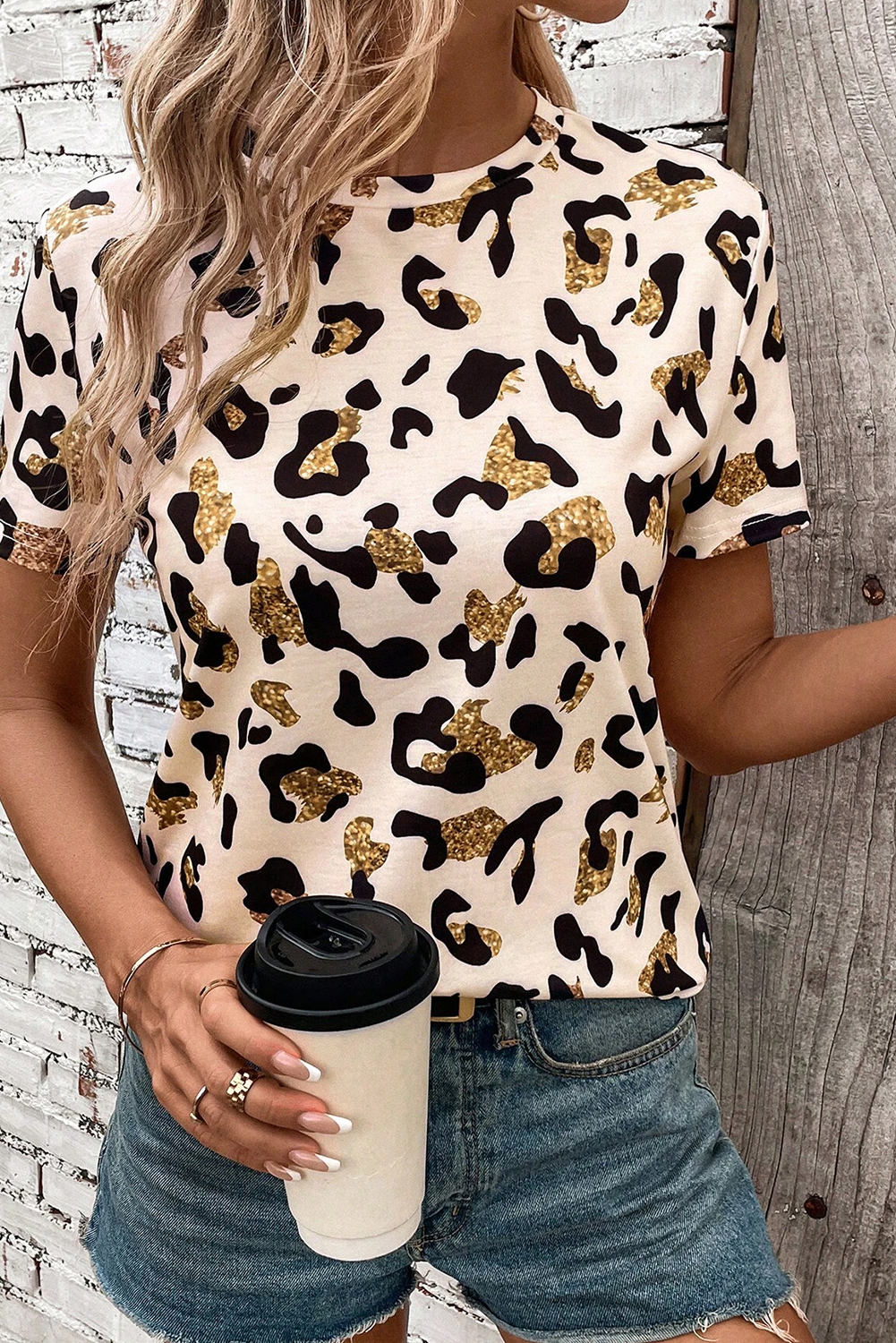 Women's T-Shirt, Apricot Color, Leopard Print, Round Neck, Casual Style, Short Sleeve, Regular Fit, Summer Wear, Everyday Fashion, Easy to Wear, Comfortable Silhouette, Tops, Tops & Tees - Detail View 4 Women's T-Shirt, Apricot Color, Leopard Print, Round Neck, Casual Style, Short Sleeve, Regular Fit, Summer Wear, Everyday Fashion, Easy to Wear, Comfortable Silhouette, Tops, Tops & Tees - Detail View 4