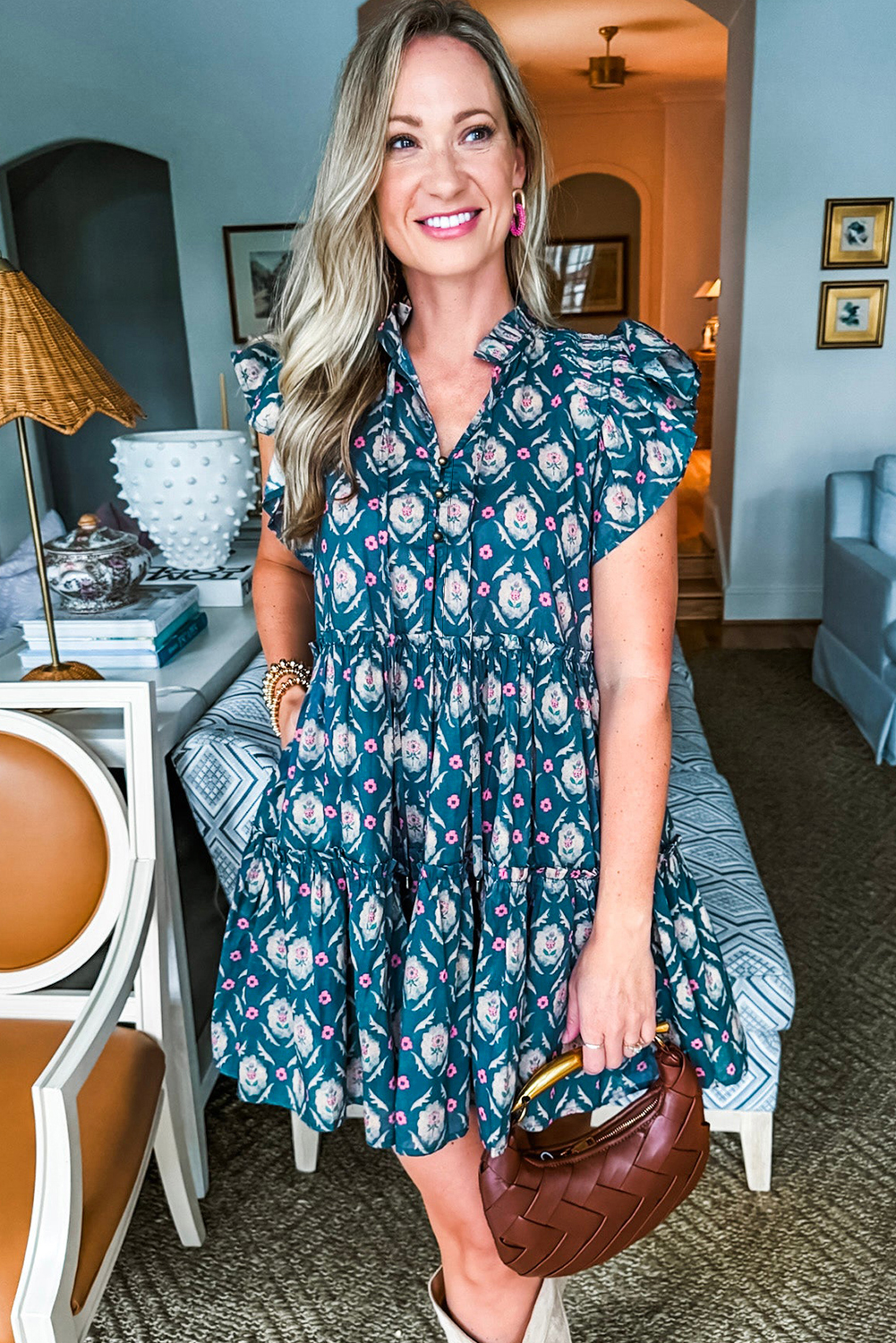 Chic Split Neck A-Line Dress: Playful Ruffle Sleeves and Vintage Floral Design - Detail View 14 Chic Split Neck A-Line Dress: Playful Ruffle Sleeves and Vintage Floral Design - Detail View 14