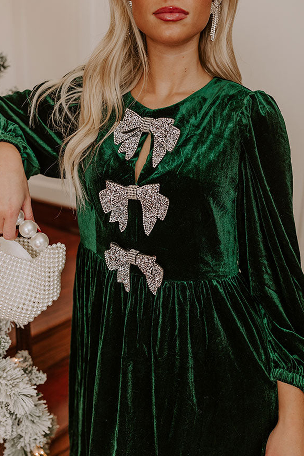 Stylish Evergreen Velvet Mini Dress with Bow Detail and Long Sleeves - Perfect for Fall Events - Detail View 6 Stylish Evergreen Velvet Mini Dress with Bow Detail and Long Sleeves - Perfect for Fall Events - Detail View 6