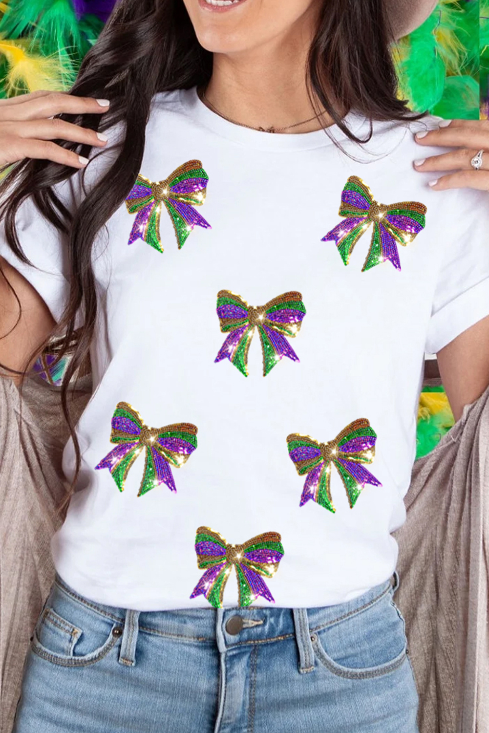 Sparkling Bow Graphic T-Shirt with Sequins - Perfect for Mardi Gras Celebrations - Detail View 2 Sparkling Bow Graphic T-Shirt with Sequins - Perfect for Mardi Gras Celebrations - Detail View 2