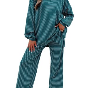 Women's Striped Two Piece Set, Casual Long Sleeve Lounge - Main View