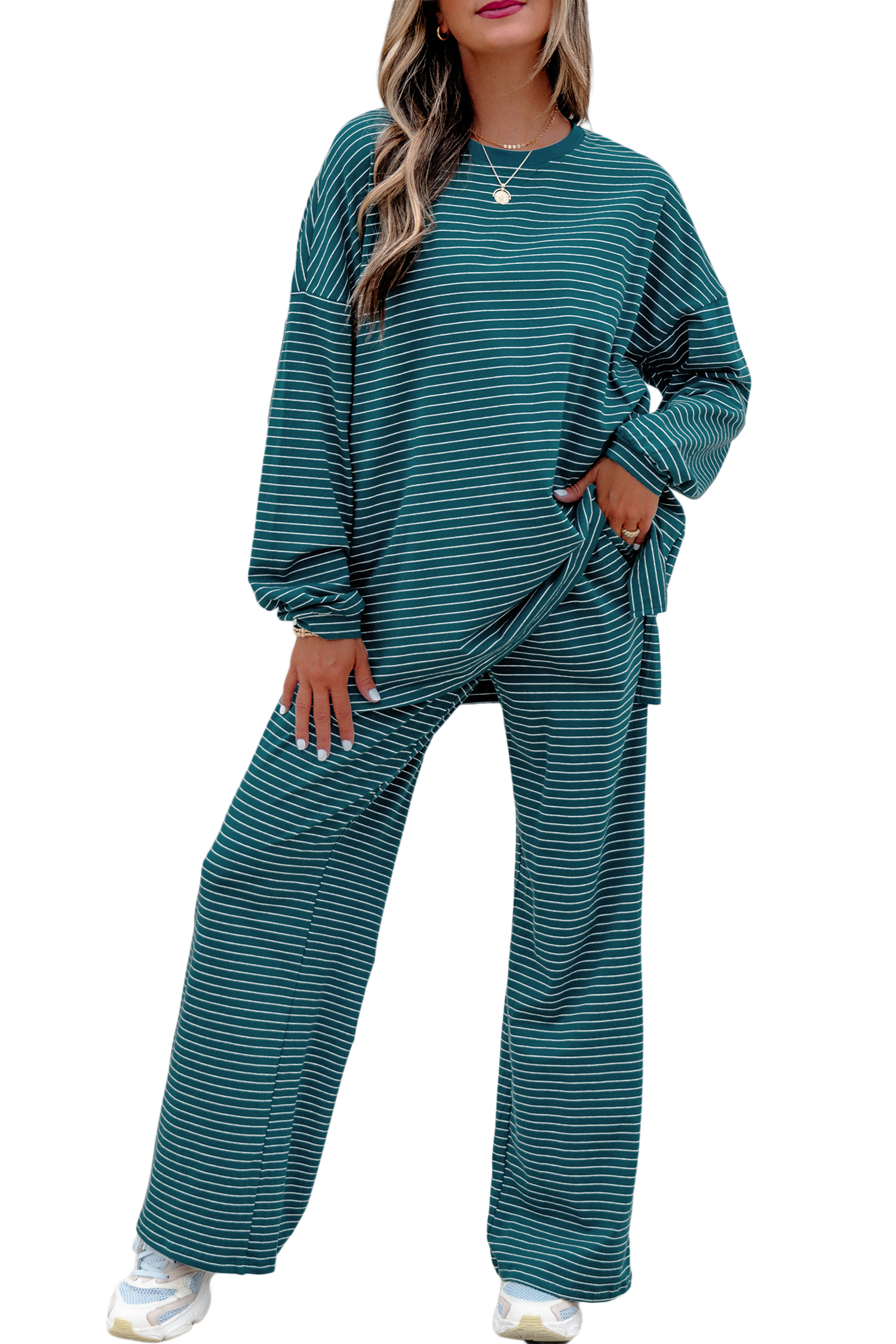 Women's Striped Two Piece Set, Casual Long Sleeve Lounge - Main View Women's Striped Two Piece Set, Casual Long Sleeve Lounge - Main View