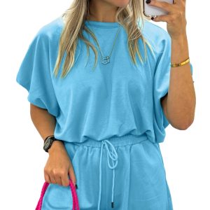 Women's Light Blue 2-Piece Outfit – Puffy Loose Short Sleeve Top and Drawstring Shorts Set - Main View