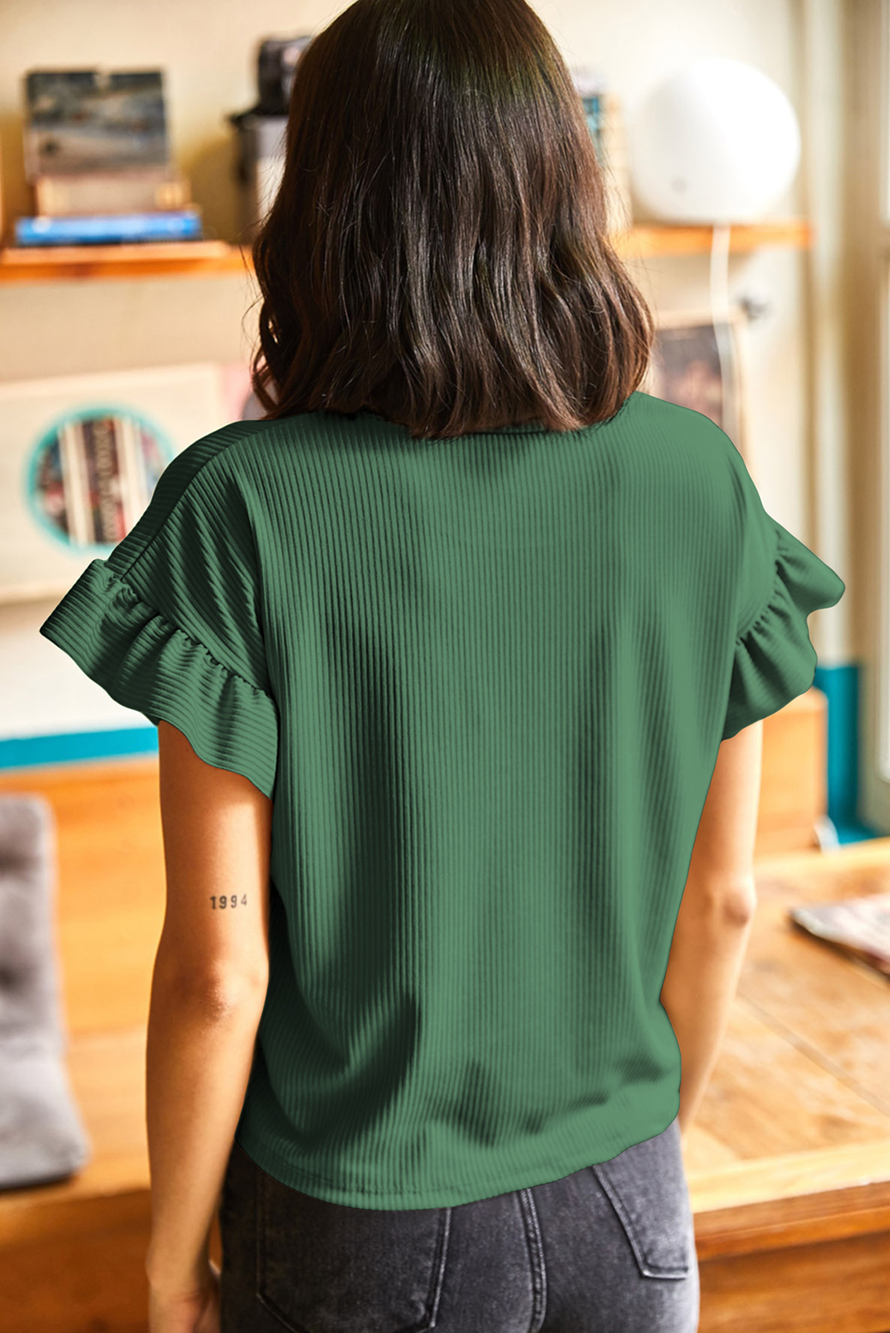 Stylish Blackish Green Solid Ruffled T-Shirt for Women – Perfect for Summer Office Outfits - Detail View 8 Stylish Blackish Green Solid Ruffled T-Shirt for Women – Perfect for Summer Office Outfits - Detail View 8
