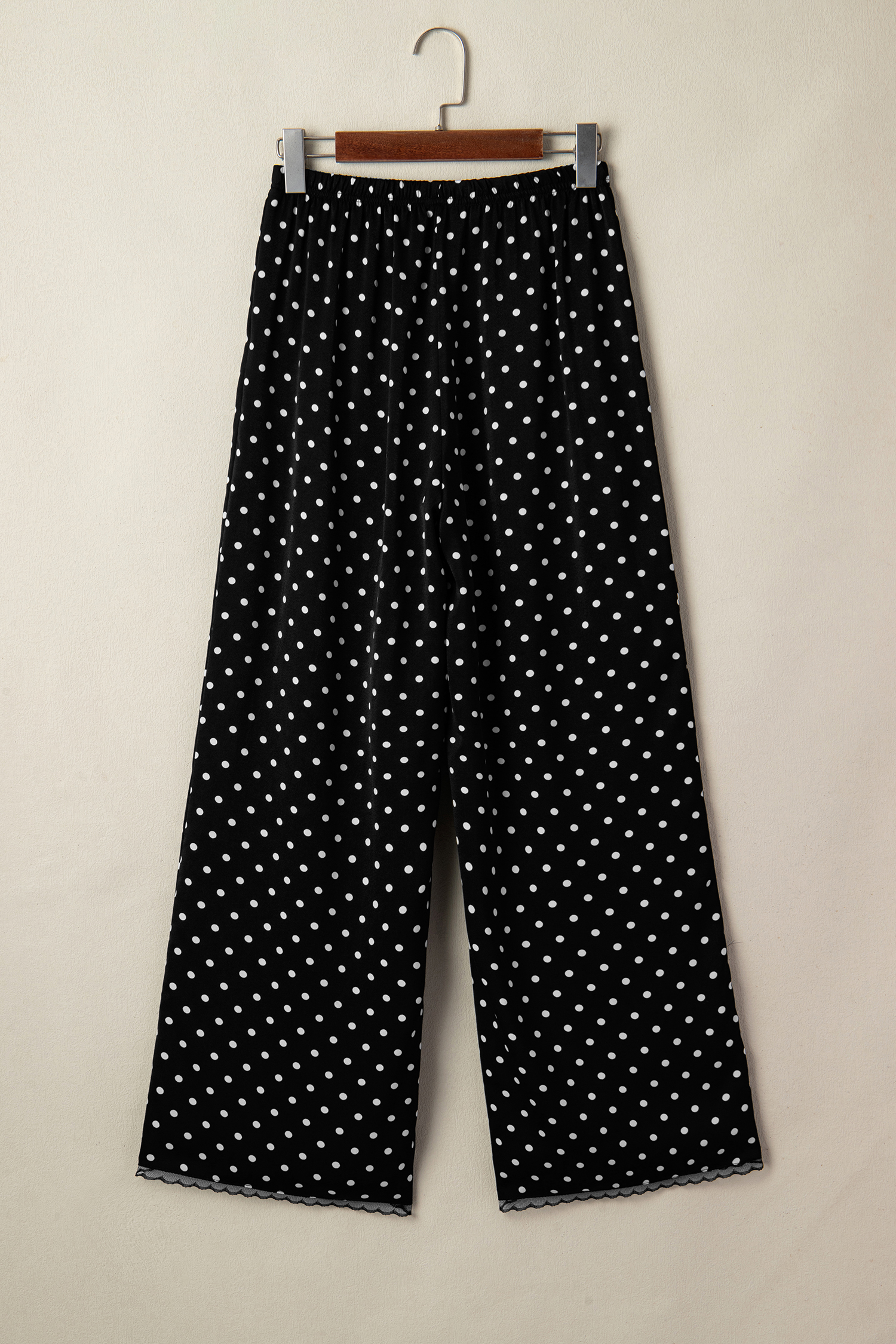 Women's Black Polka Dot Pants – Casual Loose Fit Trousers with Lace Hem and Elastic Waist for Daily Wear - Detail View 7 Women's Black Polka Dot Pants – Casual Loose Fit Trousers with Lace Hem and Elastic Waist for Daily Wear - Detail View 7