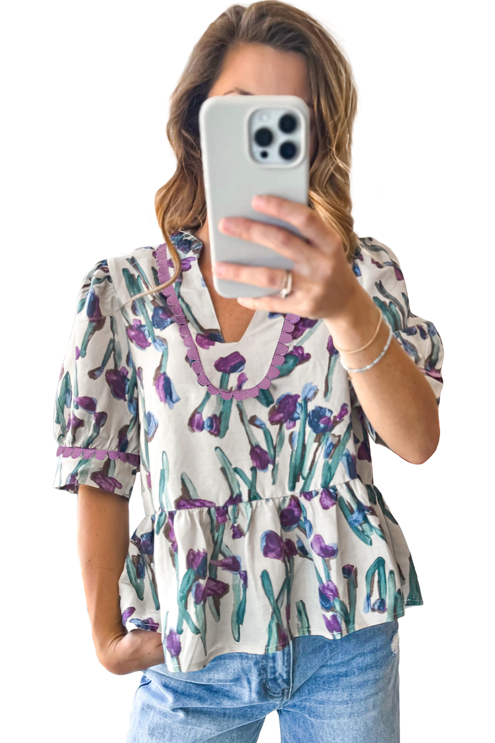 Women's Blouse, Purple Floral, Ricrac Trim, Peplum Top, Puff Sleeves, V Neck, Casual Wear, Summer Fashion, Feminine Design, Charming Appearance, Stylish Details, Daily Occasions, Country Style, Tops & Shirts - Detail View 20 Women's Blouse, Purple Floral, Ricrac Trim, Peplum Top, Puff Sleeves, V Neck, Casual Wear, Summer Fashion, Feminine Design, Charming Appearance, Stylish Details, Daily Occasions, Country Style, Tops & Shirts - Detail View 20