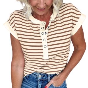 Women's Khaki Stripe Half Button T-Shirt – Casual Round Neck Top for Daily Wear - Main View