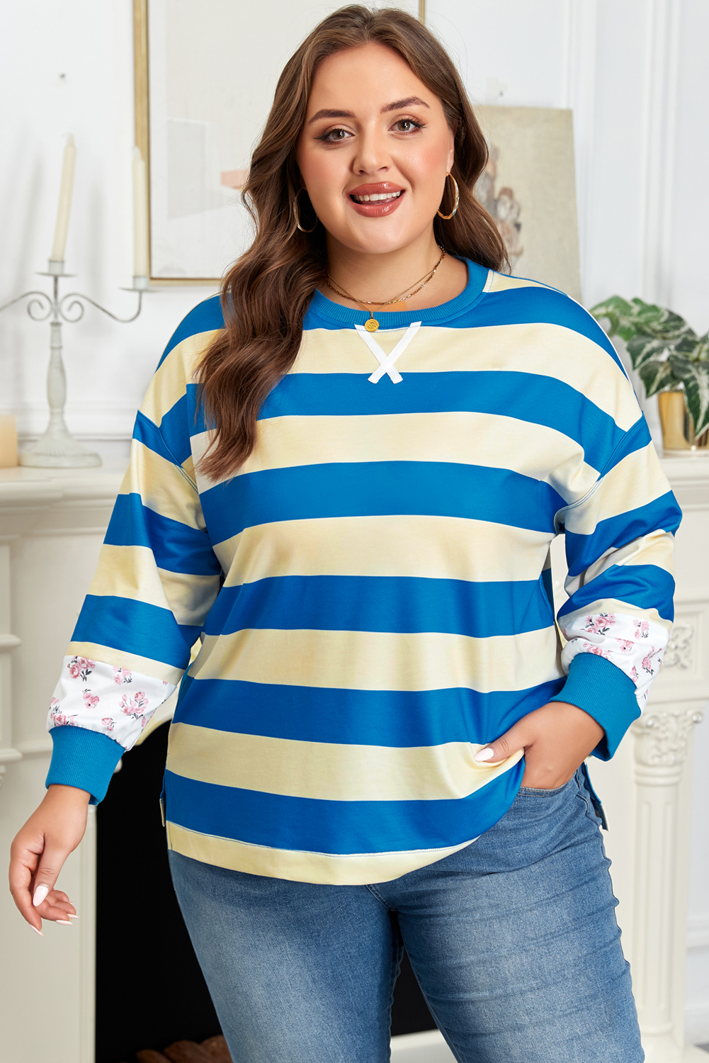 Plus Size Blue Stripe Floral Color Block Drop Shoulder Pullover Top - Detail View 5 Plus Size Blue Stripe Floral Color Block Drop Shoulder Pullover Top - Detail View 5