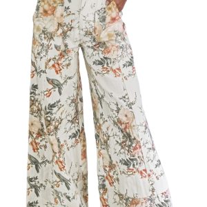 Women's Vintage Floral Print Wide Leg Jeans – High Waist Beige Denim Trousers with Pockets for Daily Wear - Main View