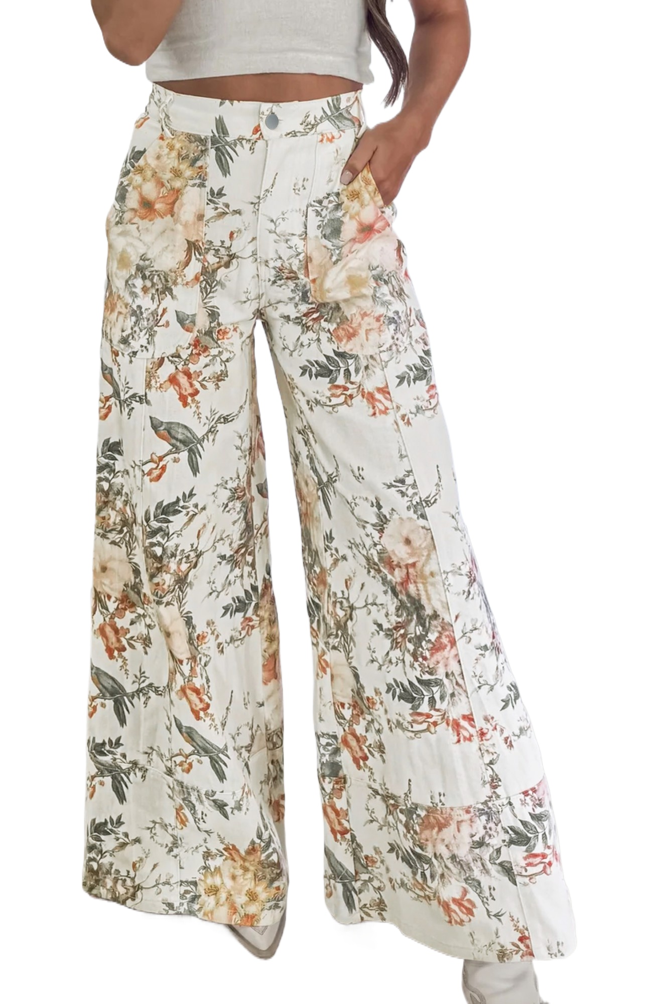 Women's Vintage Floral Print Wide Leg Jeans – High Waist Beige Denim Trousers with Pockets for Daily Wear - Main View Women's Vintage Floral Print Wide Leg Jeans – High Waist Beige Denim Trousers with Pockets for Daily Wear - Main View