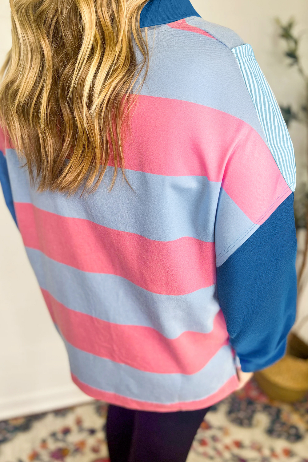 Comfortable Blue Stripe Zip-Up Pullover - Perfect for Daily Wear in Fall - Detail View 3 Comfortable Blue Stripe Zip-Up Pullover - Perfect for Daily Wear in Fall - Detail View 3