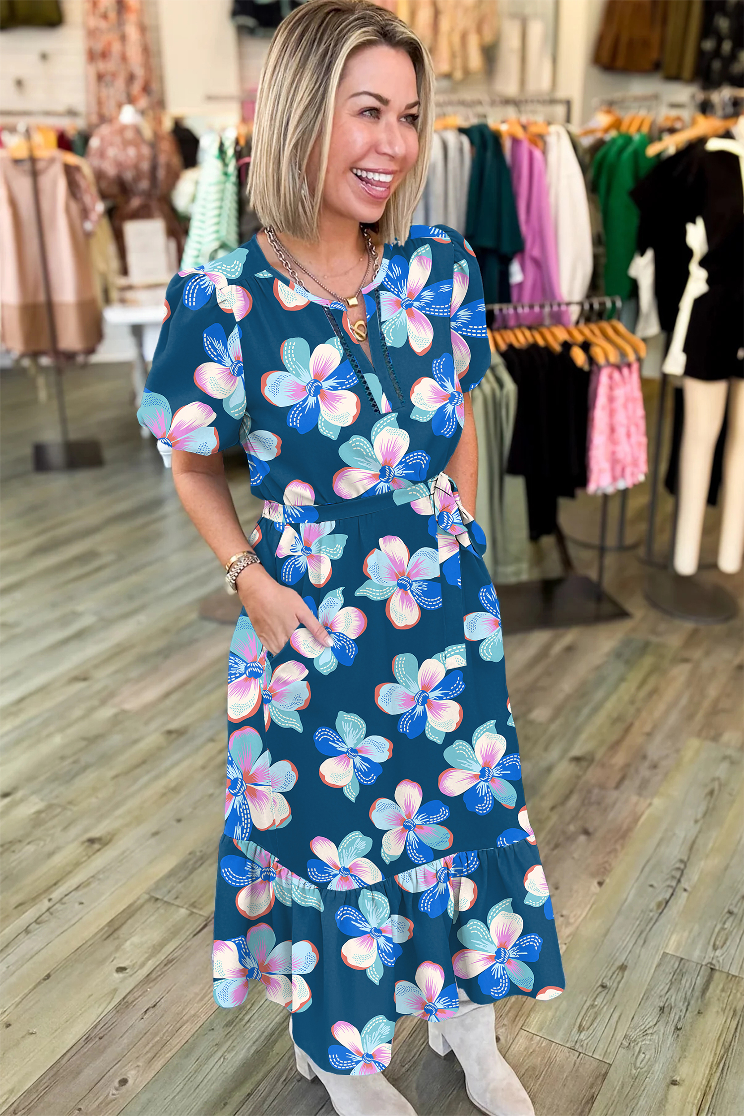 Women's Blue Floral Print Long Dress – Elegant Puff Sleeve Ruffle Hem for Summer Occasions - Detail View 7 Women's Blue Floral Print Long Dress – Elegant Puff Sleeve Ruffle Hem for Summer Occasions - Detail View 7