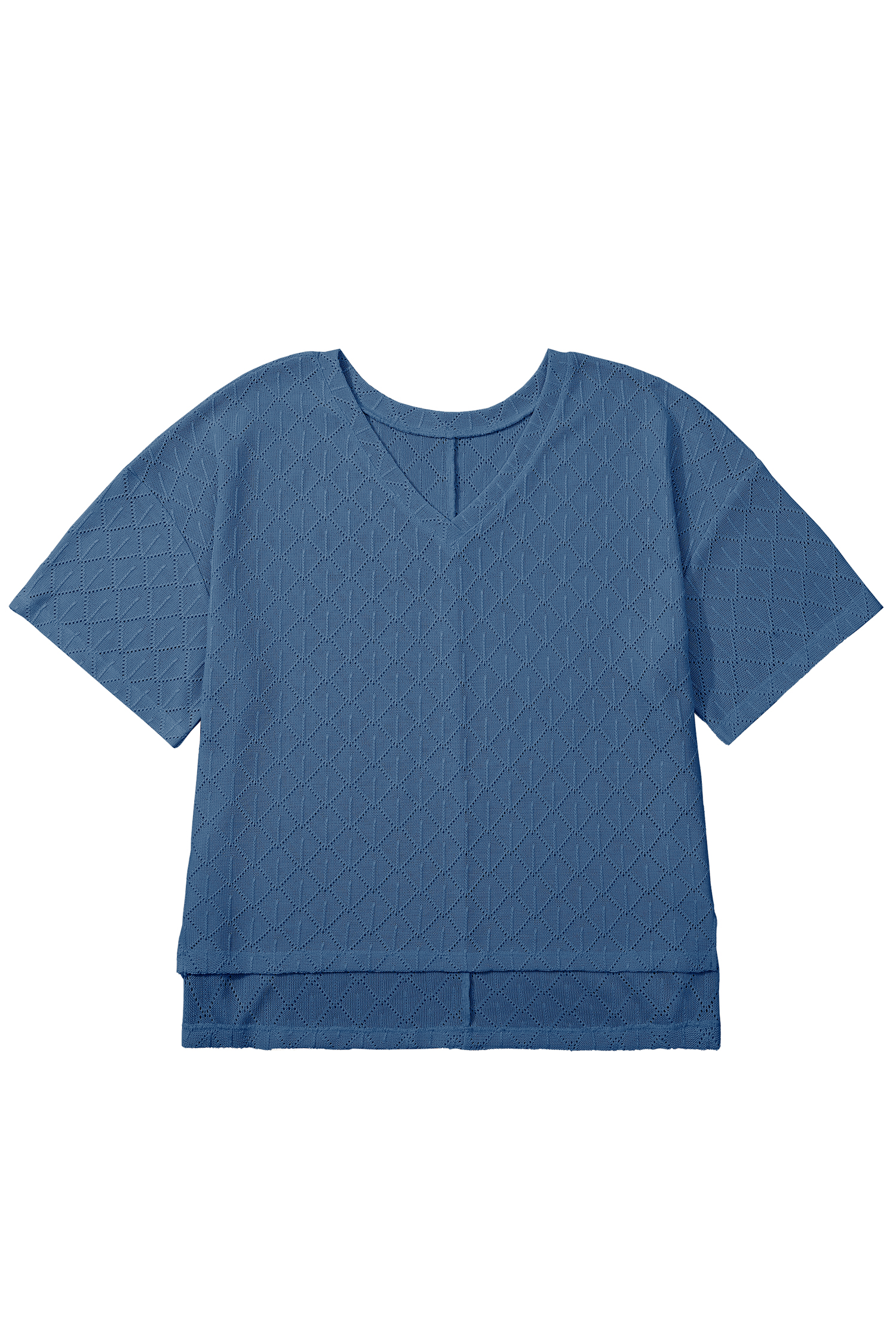 Women's Loose Fit Sky Blue Pointelle Top – Effortless V Neck Casual Wear - Detail View 2 Women's Loose Fit Sky Blue Pointelle Top – Effortless V Neck Casual Wear - Detail View 2