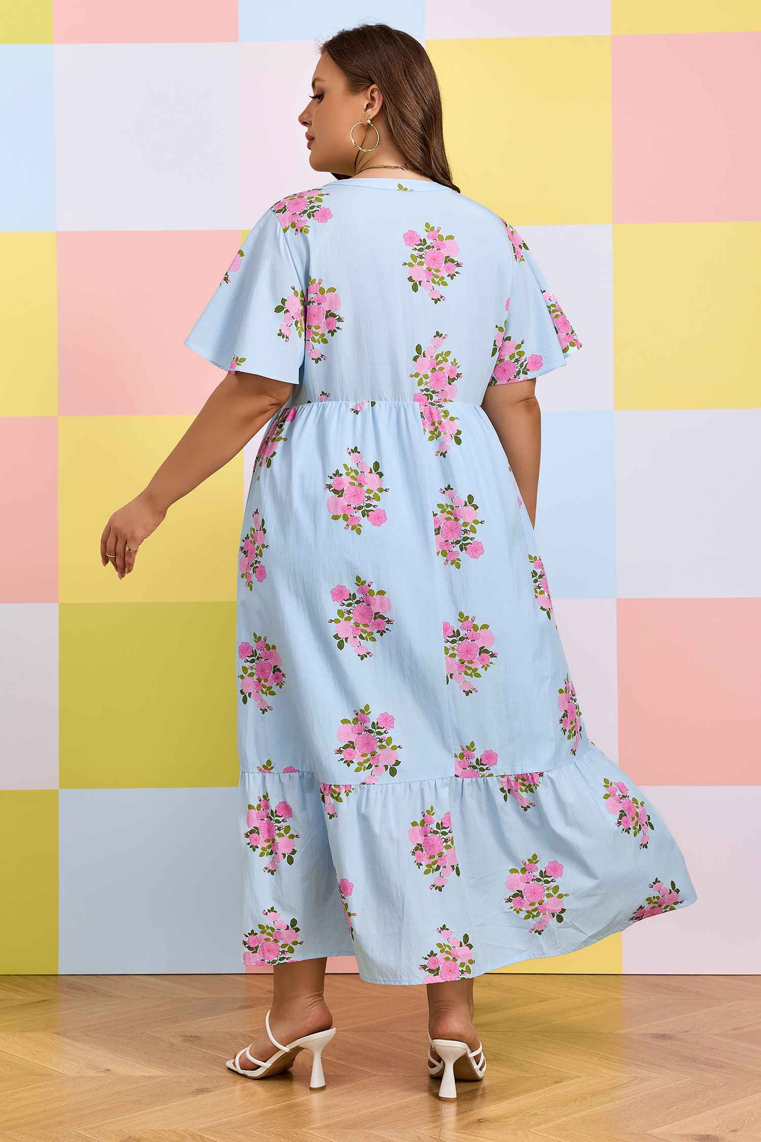 Floral Print V-Neck Summer Dress for Women – Sky Blue Short Sleeve Vacation Maxi with Rick Rack Trim - Detail View 2 Floral Print V-Neck Summer Dress for Women – Sky Blue Short Sleeve Vacation Maxi with Rick Rack Trim - Detail View 2