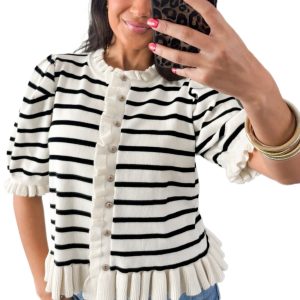 Women's Beige Striped Knit Cardigan – Ruffle Trim Button Down Short Sleeve Top - Main View