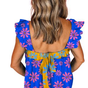 Women's Blue Floral Colorblock Flutter Straps Flowy Tank Top for Summer - Main View