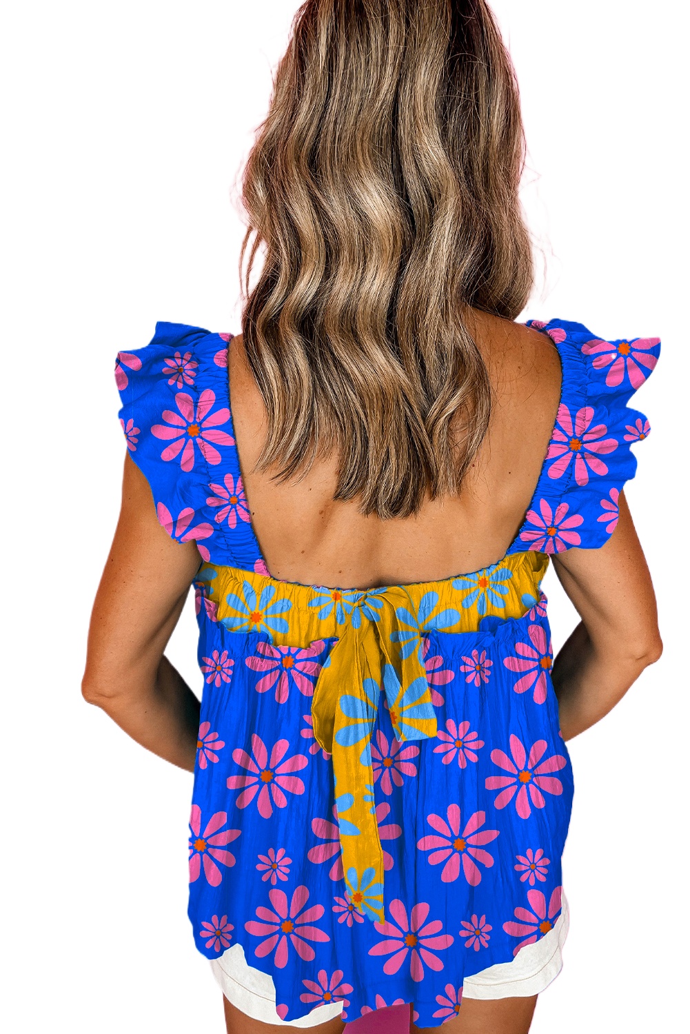 Women's Blue Floral Colorblock Flutter Straps Flowy Tank Top for Summer - Main View Women's Blue Floral Colorblock Flutter Straps Flowy Tank Top for Summer - Main View
