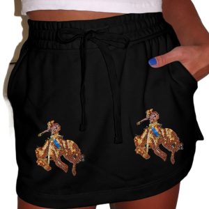 Women's Black Sequin Western Cowboy Patched High Waist Skort with Lace-Up Detail - Main View