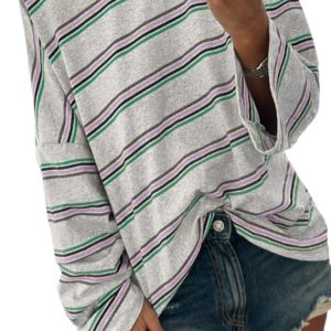 Women's Casual Purple Stripe Oversize Drop Shoulder Long Sleeve Top - Main View