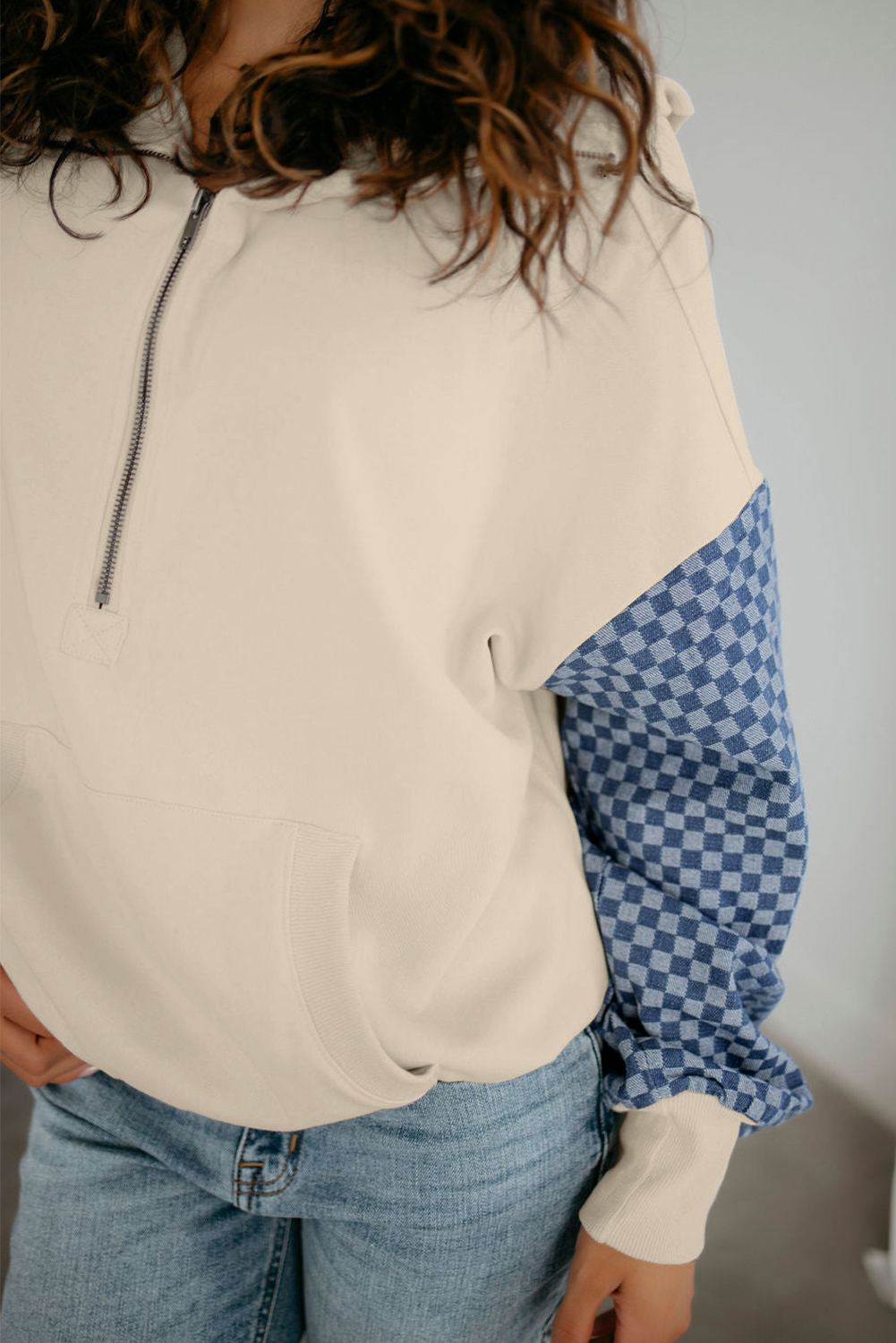 Casual Long Sleeve Hooded Hoodie - Plaid Colorblock Design for Fall - Detail View 6 Casual Long Sleeve Hooded Hoodie - Plaid Colorblock Design for Fall - Detail View 6