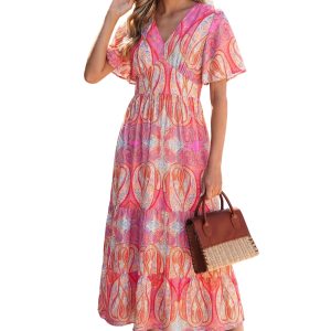 Women's Boho Paisley Print Maxi Dress – V-Neck Short Sleeve Summer Vacation Long Dress - Main View