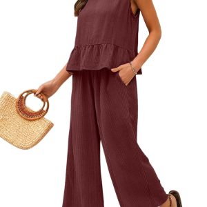 Women's Red Dahlia Ribbed Ruffle Tank Top and High Waist Pants Set - Casual Loungewear - Main View