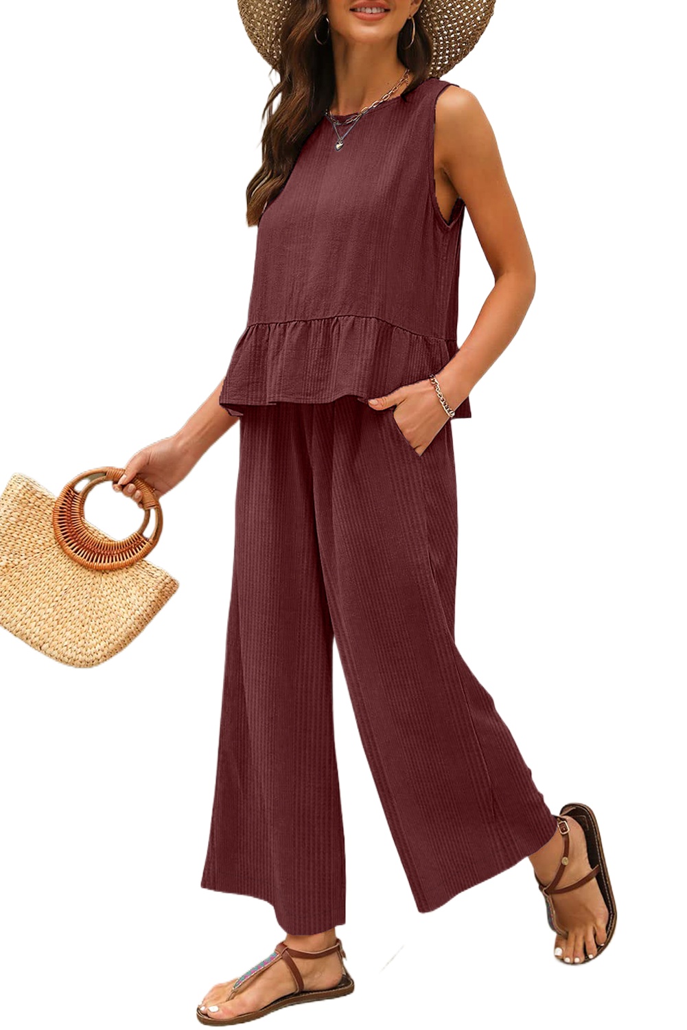 Women's Red Dahlia Ribbed Ruffle Tank Top and High Waist Pants Set - Casual Loungewear - Main View Women's Red Dahlia Ribbed Ruffle Tank Top and High Waist Pants Set - Casual Loungewear - Main View