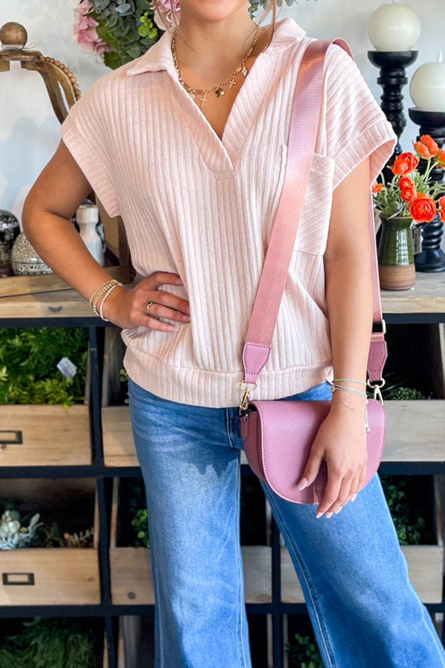 Women's Light Pink Collared V Neck Tee – Stylish Ribbed Top for Daily Wear - Detail View 8 Women's Light Pink Collared V Neck Tee – Stylish Ribbed Top for Daily Wear - Detail View 8