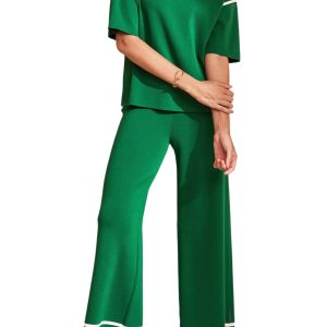 Casual Women's Blackish Green Contrast Trim Sweater Suit – Summer Ready 2-Piece Set - Main View